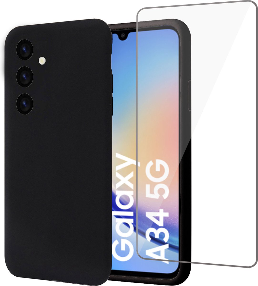 Geschikt voor Samsung A34 Hoesje + Screenprotector – Gehard Glas Cover - Suède Case Zwart