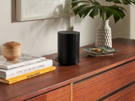 Zwarte Sonos Era 100 speaker op een houten dressoir, tussen boeken en een vaas met plant.