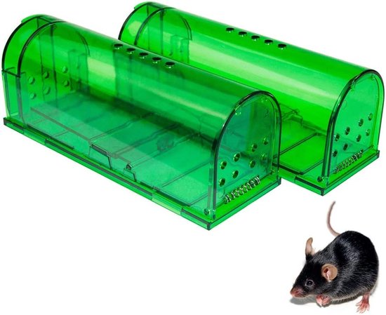 Twee groene, doorzichtige muizenfallen met een zwarte muis.