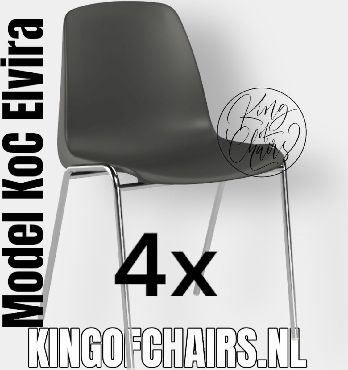 King of Chairs set van 4- model KoC Elvira antraciet met verchroomd onderstel. Kantinestoel stapelstoel kuipstoel vergaderstoel tuinstoel kantine stoel stapel kantinestoelen stapelstoelen kuipstoelen stapelbare keukenstoel Helene eetkamerstoel
