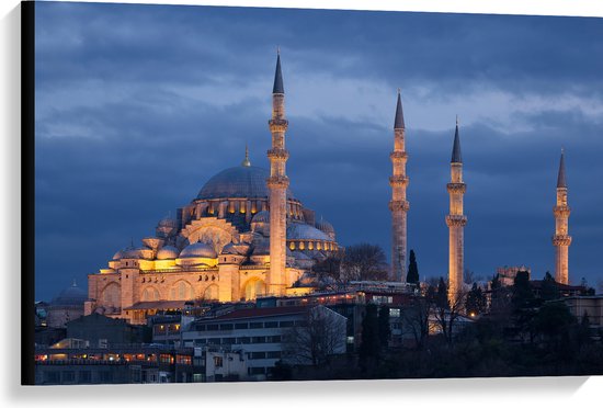 WallClassics - Canvas - Zijaanzicht van Süleymaniye Moskee in de Nacht in Istanbul, Turkije - 90x60 cm Foto op Canvas Schilderij (Wanddecoratie op Canvas)