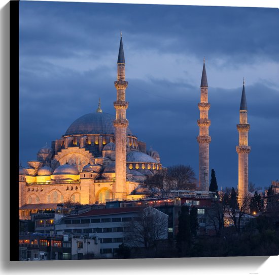 WallClassics - Canvas - Zijaanzicht van Süleymaniye Moskee in de Nacht in Istanbul, Turkije - 60x60 cm Foto op Canvas Schilderij (Wanddecoratie op Canvas)