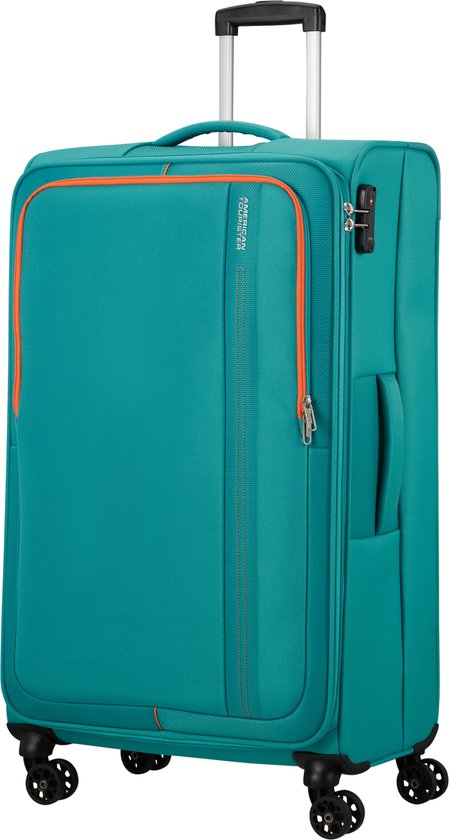 Turquoise koffer met oranje rits en detail. American Tourister logo. Zij-aanzicht.