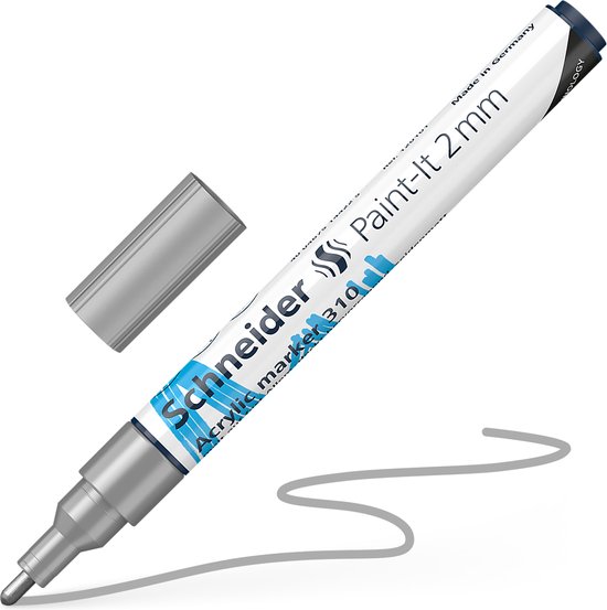 Marqueur acrylique Schneider Paint-It 2mm argenté, capuchon à côté, avec une ligne argentée.