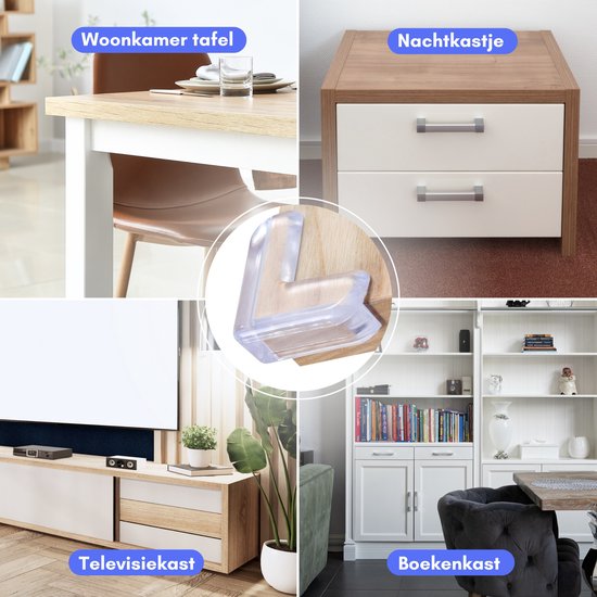 Collage van meubels met transparante hoekbeschermers: woonkamertafel, nachtkastje, televisiemeubel, boekenkast