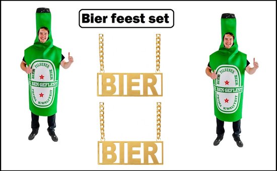 2x Bierfles outfit groen + bier ketting - bier fles bierfeest thema party carnaval apres ski oktoberfest vrijgezellen feest grappig en fout festivalpak
