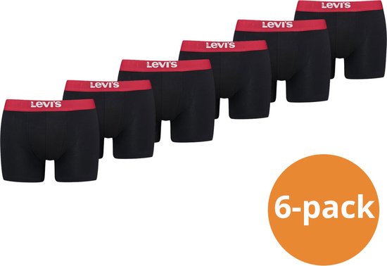 Levi's Boxershorts Heren - 6-pack Solid Organic Cotton Zwart/Rood - Zwarte Boxershorts met rode rand - Maat S