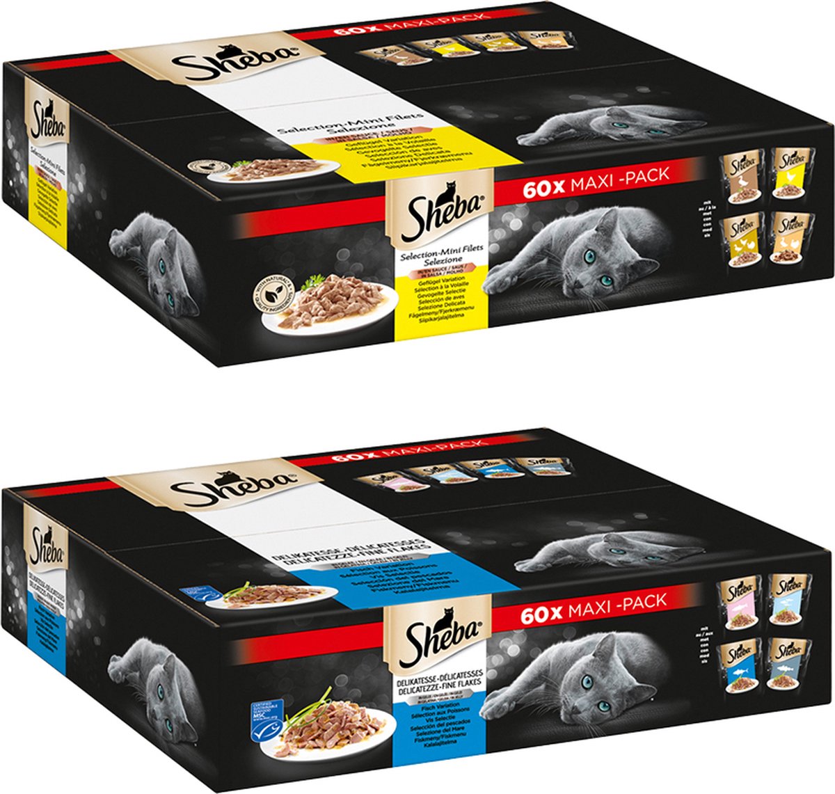 Sheba natte voeding kat - Gevogelte in saus + vis in gelei - DUO MAXI PACK - 120 stuks - 10,2 kg