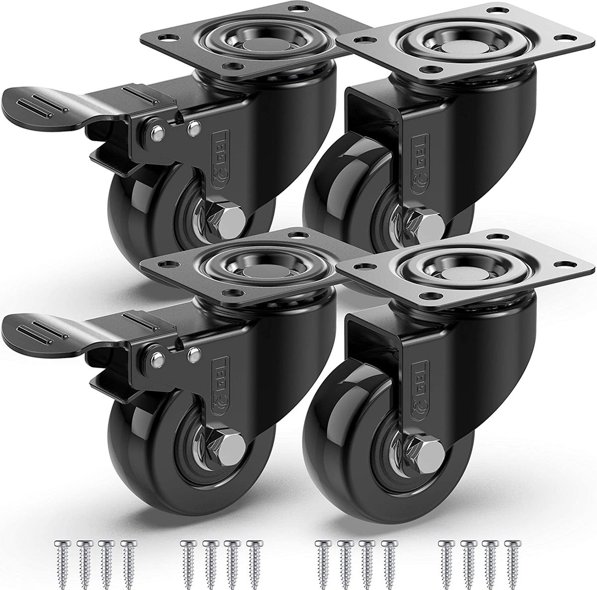 Zwenkwielen met Remmen 50mm - 200 KG Draagvermogen - Set van 4 Rubberen Meubelwielen met Schroeven