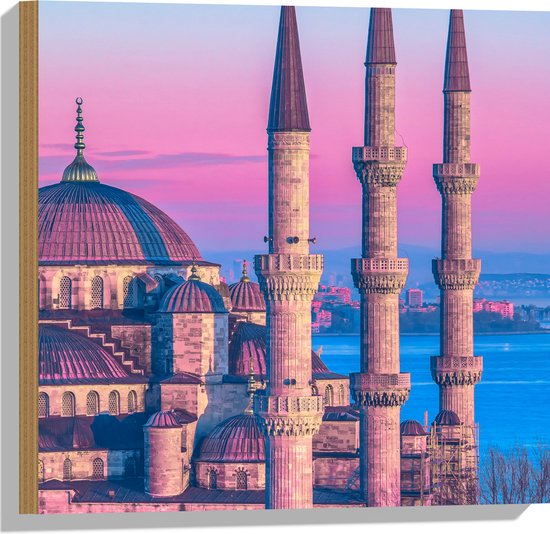 Hout - Sultan Ahmetmoskee in Istanbul met Roze Blauwe Lucht - 50x50 cm - 9 mm dik - Foto op Hout (Met Ophangsysteem)