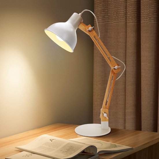 Aigostar 13AS9 - Lampe de bureau avec pied en bois - Réglable en hauteur et inclinable - H455mm - Culot E27 - Wit
