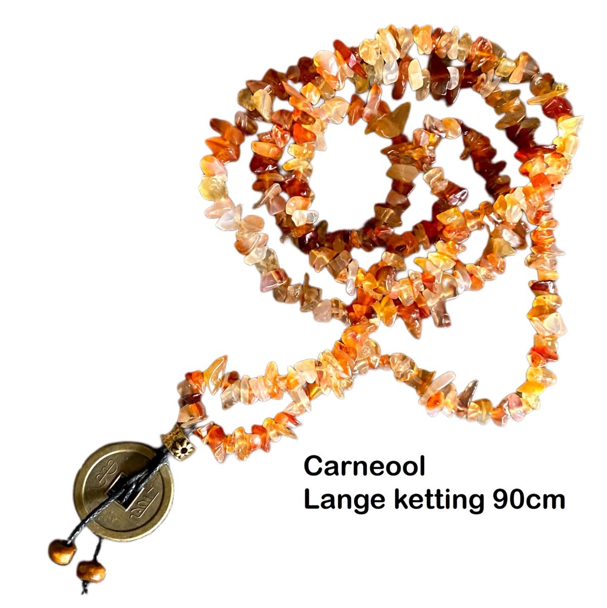 Carneool Ketting - 90cm - Mandala - Female Empowerment - De Kracht van de Vrouw - Lange Ketting met Geluksmunt - Feng Shui - Kralen - Split - Edelsteen