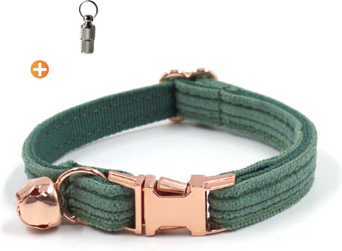 ACE Pets Kattenhalsband met belletje – Halsband Kat & Kitten - Kittenhalsband & Kattenbandje - Kattenbelletje - Pluche velvet - Corduroy groen