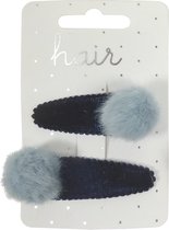 Haarspeldjes Klikklak 5.0cm Fluweel met Furry Pompon - Navy/Lichtblauw - 2 stuks