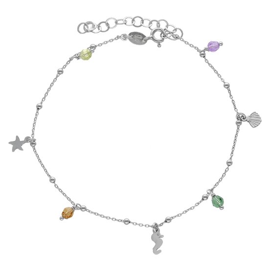 Victoria Cruz A4036-MHB Bracelet de cheville en argent avec pierres de cristal colorées, dauphin et étoile de mer - 20+6cm - Multi couleurs - épaisseur 1mm - Boules 2mm - Rhodium - Argent