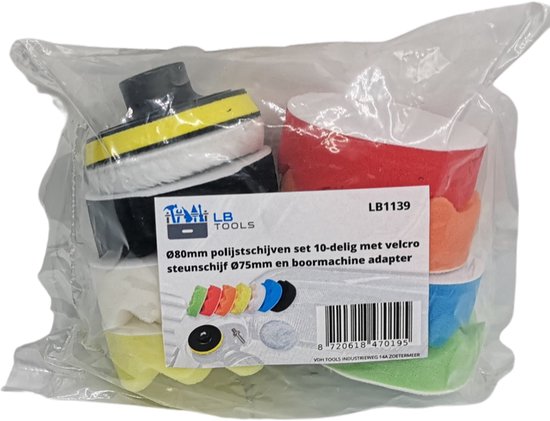 Verpakking met 10 polijstschijven Ø80mm in diverse kleuren en een velcro steunschijf Ø75mm.