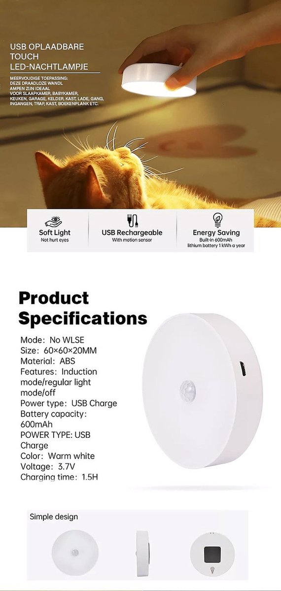Bewegingssensor Licht Binnen [8 LED's], Electight Nachtlampje USB Oplaadbaar, Langdurig Batterij & 3 Lichtmodi, Draadloos Magnetisch Stickernachtlampje, voor Trap, Kast, Hal - 6000K Koud Wit 6 Stuk