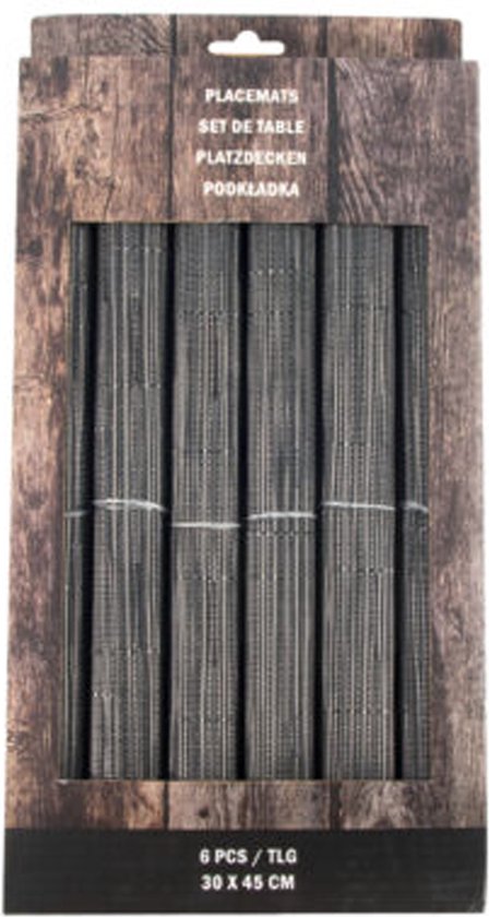Verpakking met 6 antracietkleurige placemats van 30x45cm, met houtlook.