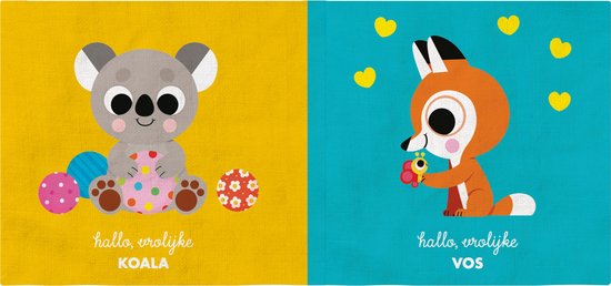 Een schattige grijze koala met grote ogen zit met kleurrijke ballen. Een oranje vos met grote ogen houdt een bloem vast. Beide met tekst 'hallo, vrolijke'.