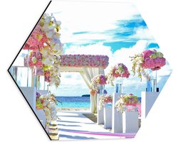 WallClassics - Dibond Hexagon - Rozekleurige Trouwlocatie aan het Water - 40x34.8 cm Foto op Hexagon (Met Ophangsysteem)