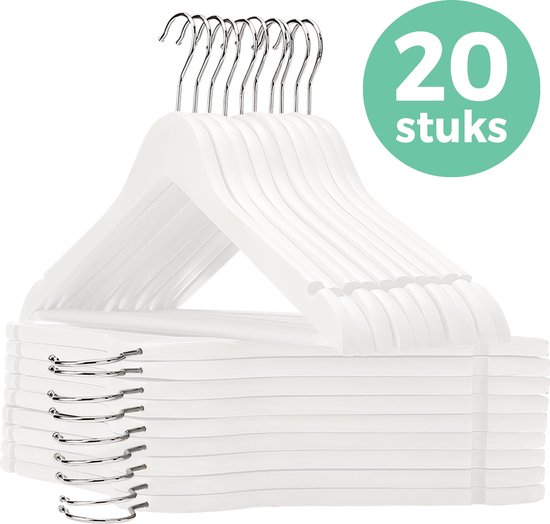 LifeGoods Kledinghangers - Met Broeklat - Hardhout - Wit - 20 Stuks