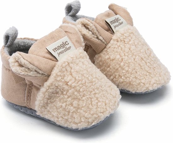 Babyslofjes - Antislip – Fleece voering - Slofjes voor je baby, dreumes voor jongens en meisjes - 12-18 Maanden (13cm) - Lichtbruin