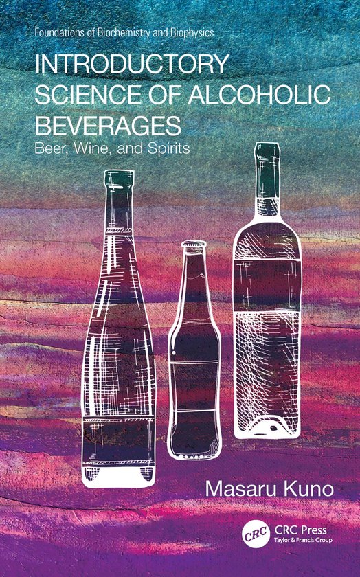 Boekomslag: "Introductory Science of Alcoholic Beverages" met lijntekeningen van drie flessen op een kleurrijke achtergrond.