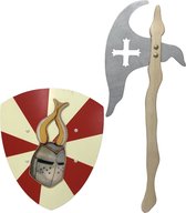 houten Strijdbijl met kruis en ridderschild mask kinderbijl ridderbijl schild bijl