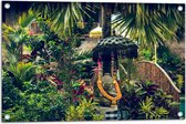 WallClassics - Tuinposter – Stenen Beeld in Park vol Planten - 75x50 cm Foto op Tuinposter (wanddecoratie voor buiten en binnen)