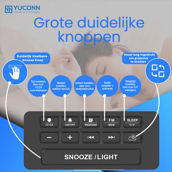 ThreeH Projectiewekker, led-scherm, 4 helderheidsniveaus, instelbaar, digitale wekkerradio met oplader, voor USB, telefoonwekker met 2 alarmen