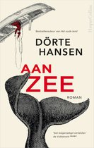 Boek 'Aan Zee' van Dörte Hansen. Een zwart-wit illustratie van een walvisstaart en een zeeman op een schip. HarperCollins.