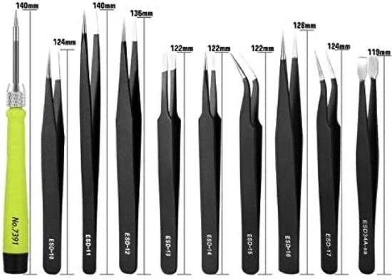 Umiten 10 stuks ESD pincettenset, precisie-antistatische pincetten set, niet-magnetisch multi-standaard roestvrij stalen pincet ideaal voor laboratoriumelektronica, sieraden, schoonheid en gedetailleerd werk