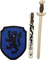 houten zwaard met schede en ridderschild blauwe leeuw kinderzwaard ridder schild