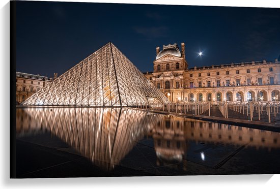 Canvas - Verlicht Louvre in Parijs, Frankrijk - 90x60 cm Foto op Canvas Schilderij (Wanddecoratie op Canvas)