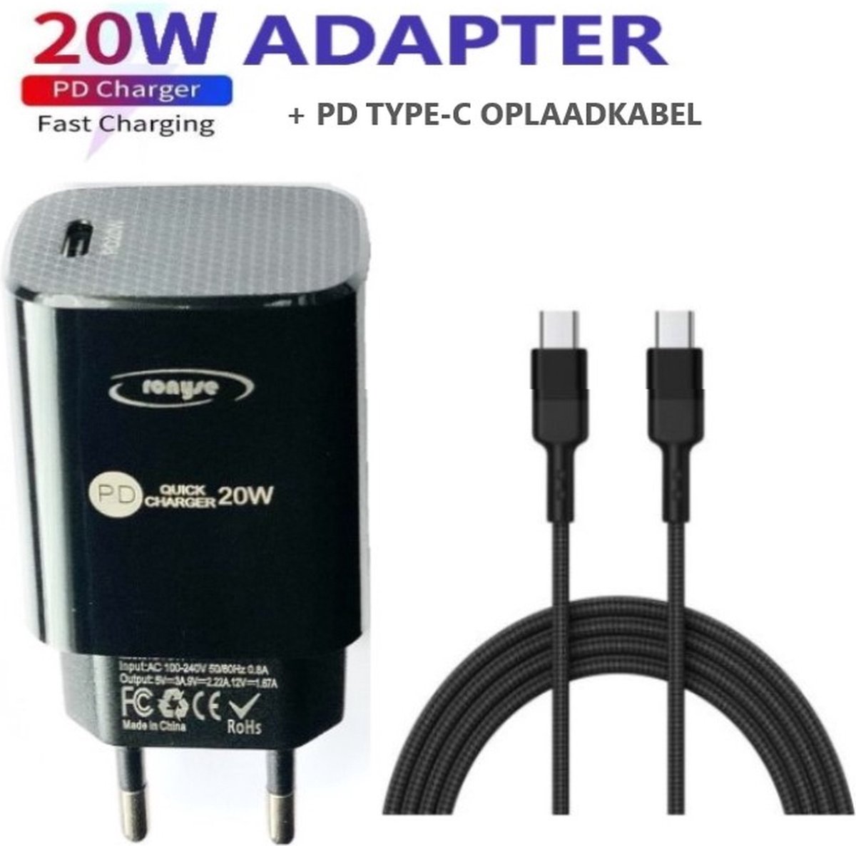 Ronyse® 20W Adapter met USB-C Kabel - 1 Meter - Zwart - Oplader & Oplaadkabel Geschikt voor alle Type-C apparaten - USB-C naar USB-C - Combi pakket