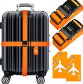 BOTC Kofferriem met Cijfer Slot - 4 stuks - 2 Kofferriem met cijferslot + 2 bagagelabels - 200 cm * 5 cm - Bagage Riem - Bagageband - Verstelbaar - Oranje