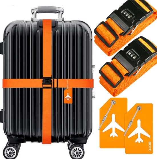 BOTC Kofferriem met Cijfer Slot - 4 stuks - 2 Kofferriem met cijferslot + 2 bagagelabels - 200 cm * 5 cm - Bagage Riem - Bagageband - Verstelbaar - Oranje