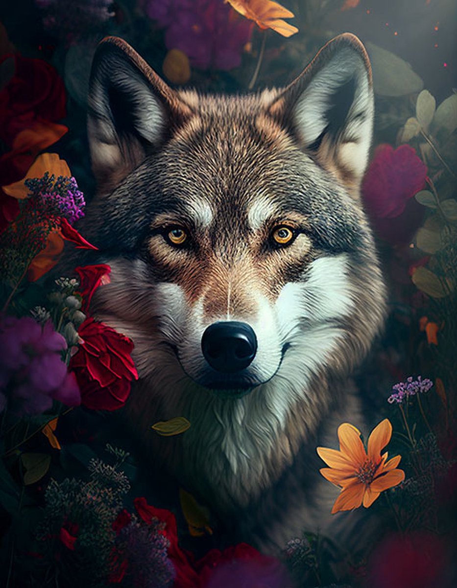 AI - Woondecoratie - Poster - Dieren - Wolf - Bloemen en jungle - 9 - 50 x 70 cm