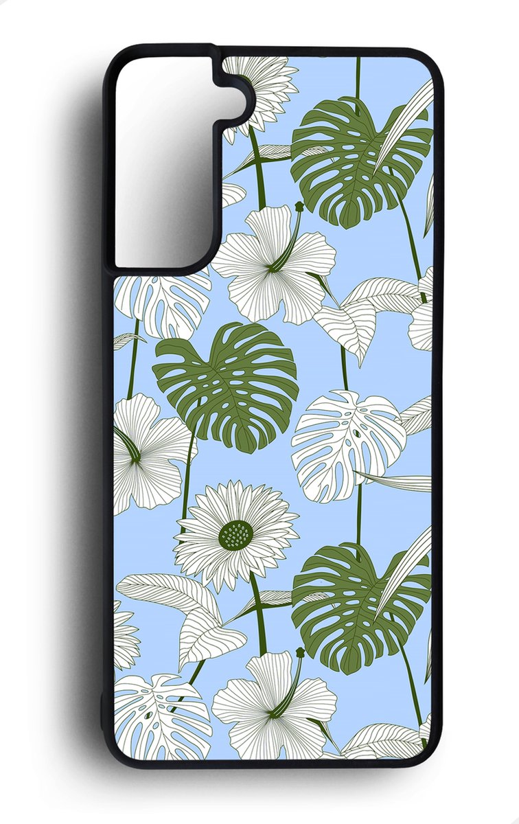 Ako Design Samsung Galaxy S21 Plus hoesje - Tropische plant en bloemen - blauw - Hoogglans - TPU Rubber telefoonhoesje - hard backcover