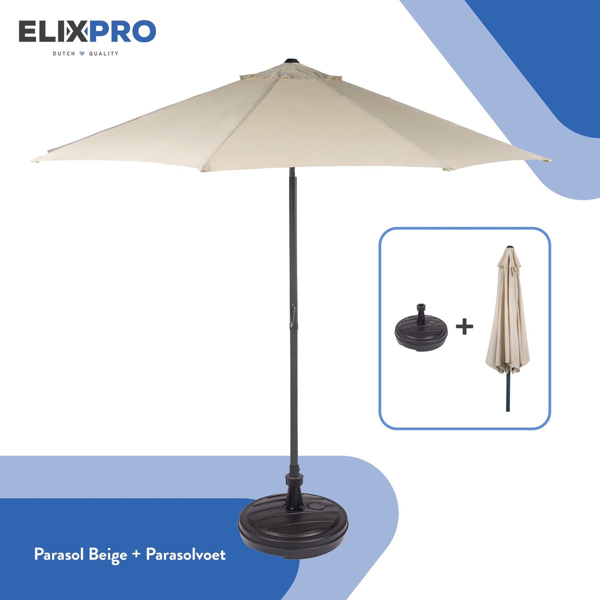 ElixPro - Parasol inclusief voetstuk - Premium Stokparasol - Beige - Ø 300 cm