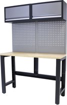 Kraftmeister werkbank 136 cm - Werktafel met met gereedschapswand, 2 opbergkasten en multiplex werkblad - Grijs