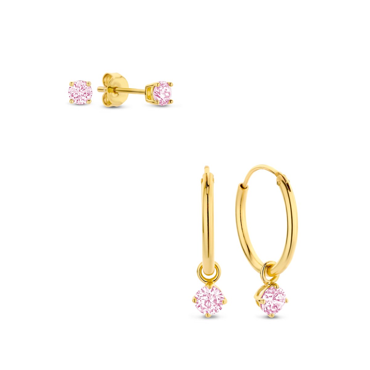 New Bling 9SIL-SET0018 Zilveren Set Oorringen met hangertje en Oorknopjes met Zirkonia - 15mm Doorsnee - Knopjes 3mm - Roze - Zilver - Verguld/Goud op Zilver