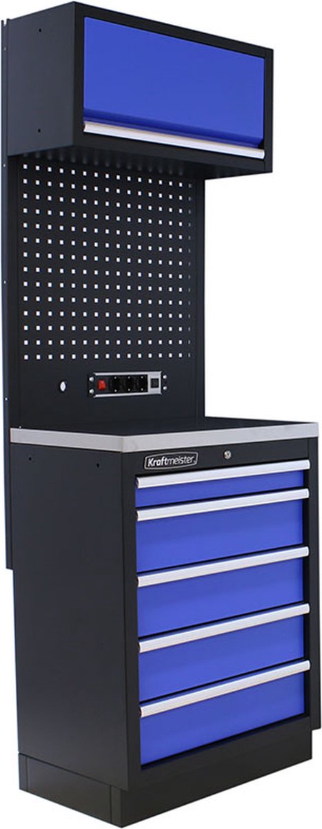 Kraftmeister werkplaatsinrichting - Werkbank met 1 wandkast en RVS werkblad - Werktafel met 5 laden en gereedschapswand - Complete set voor werkplaats of garage - Blauw