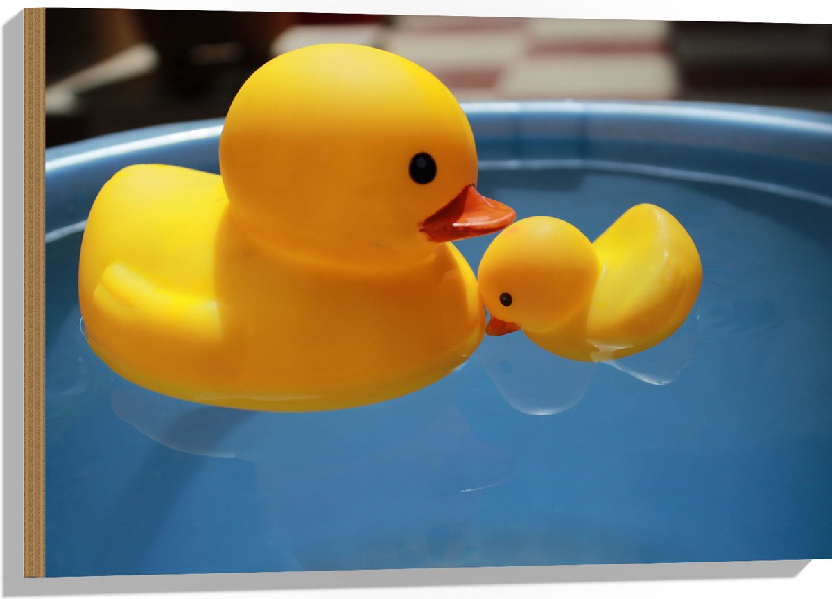 Hout - Moeder en Baby Badeenden in het Water - 75x50 cm - 9 mm dik - Foto op Hout (Met Ophangsysteem)