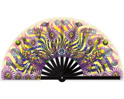 XXL festival waaier - Handwaaier - Spaanse waaier - Flower Power - Hippie - Inclusief opbergzakje - 62 x 32 cm - Bamboe/polyester
