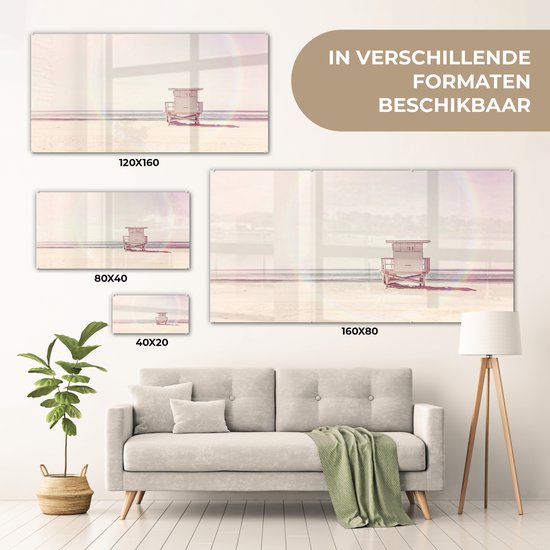 MuchoWow® Peinture sur verre 80x40 cm - Peinture sur verre acrylique - Plage - Cabane - Soleil - Mer - Été - Photo sur verre - Peintures