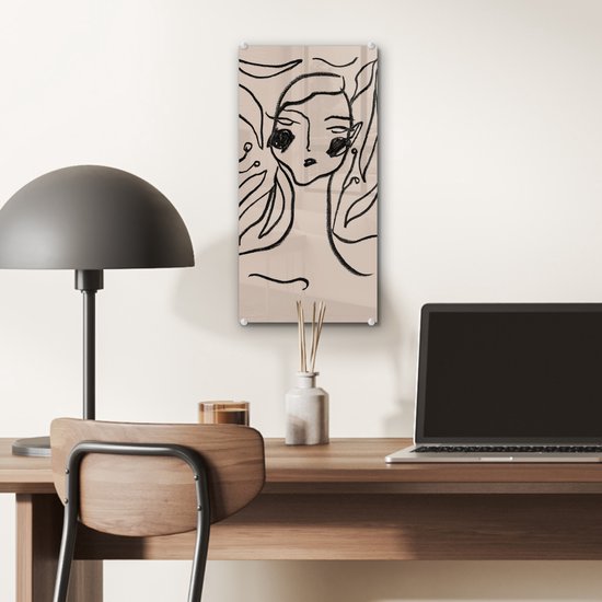 MuchoWow® Glasschilderij 20x40 cm - Schilderij acrylglas - Line art - Pastel - Zwart - Portret - Foto op glas - Schilderijen