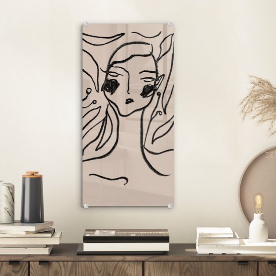MuchoWow® Glasschilderij 20x40 cm - Schilderij acrylglas - Line art - Pastel - Zwart - Portret - Foto op glas - Schilderijen