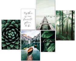 Moderne posterset, natuurfoto's, woonkamerdecoratie, slaapkamer, wanddecoratie zonder fotolijst, collageen, boshout, groen, 4x A3, 2x A4 - W8