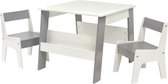 Houten tafel met 2 stoelen voor kinderen - geïntegreerde boekenplank - wit met grijs